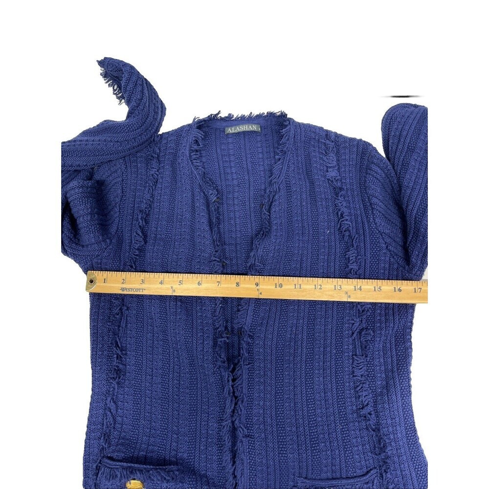 Alashan Cotton Cashmere Cardigan Small Sapphire Blue Fringe Boho Hook Eye - Picture 13 of 13